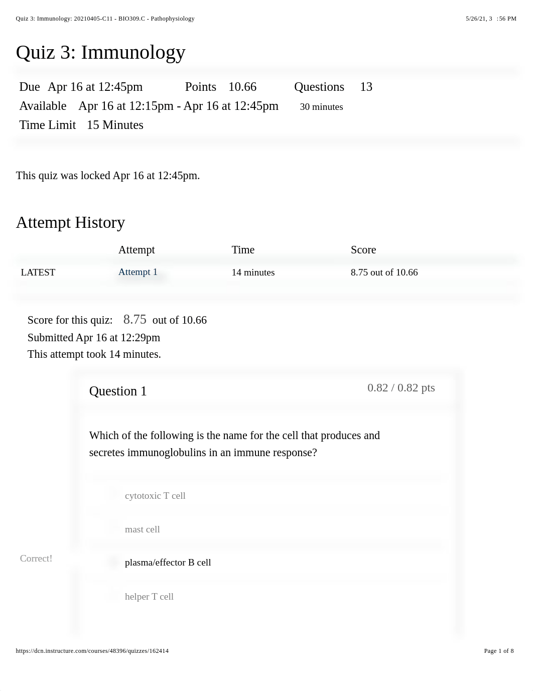 Quiz 3: Immunology: 20210405-C11 - BIO309.C - Pathophysiology.pdf_d8ogkutg2hi_page1