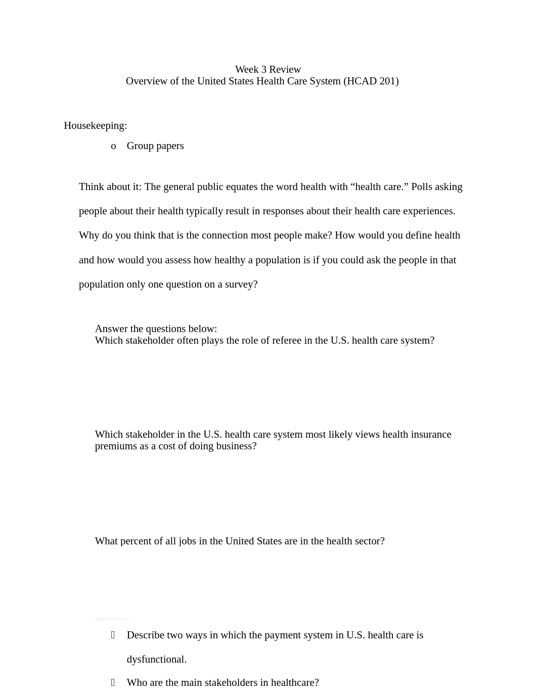 study guide week 3 review US Healthcare .docx_d8tlzlo6hsy_page1