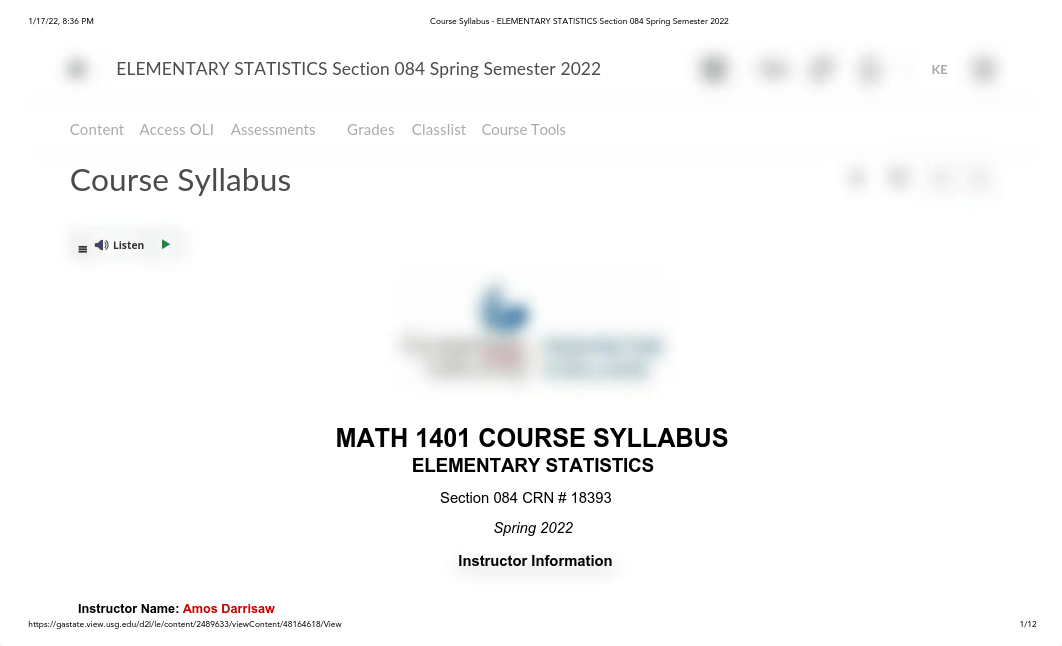 Course Syllabus - ELEMENTARY STATISTICS Section 084 Spring Semester 2022.pdf_d8w7rj3dqwa_page1