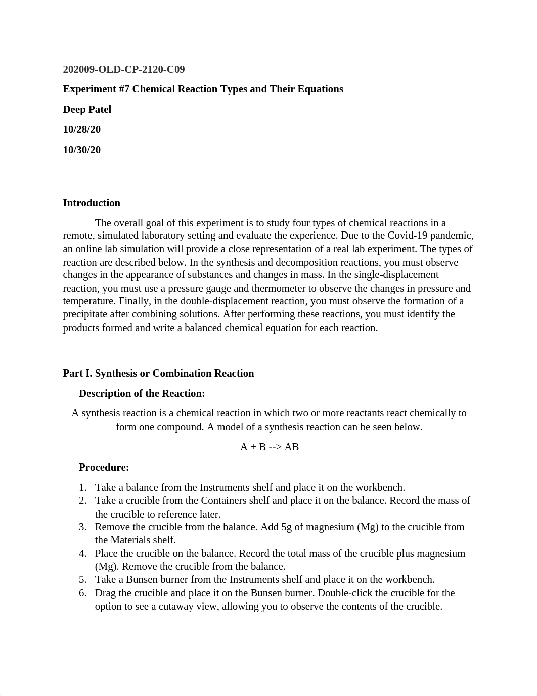 Experiment 7 Chemical Reactions- Deep Patel.pdf_d8wia5rt3lf_page1