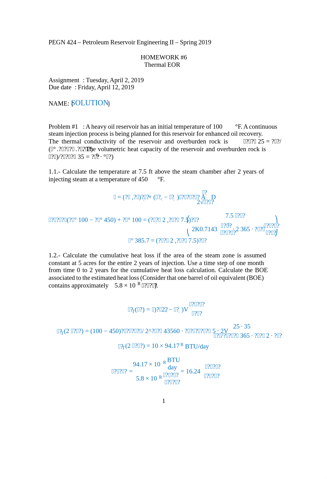 HW6 SOLUTION - PEGN 424 - Petroleum Reservoir Engineering II - Spring 2019.pdf_d8x4rsye80x_page1