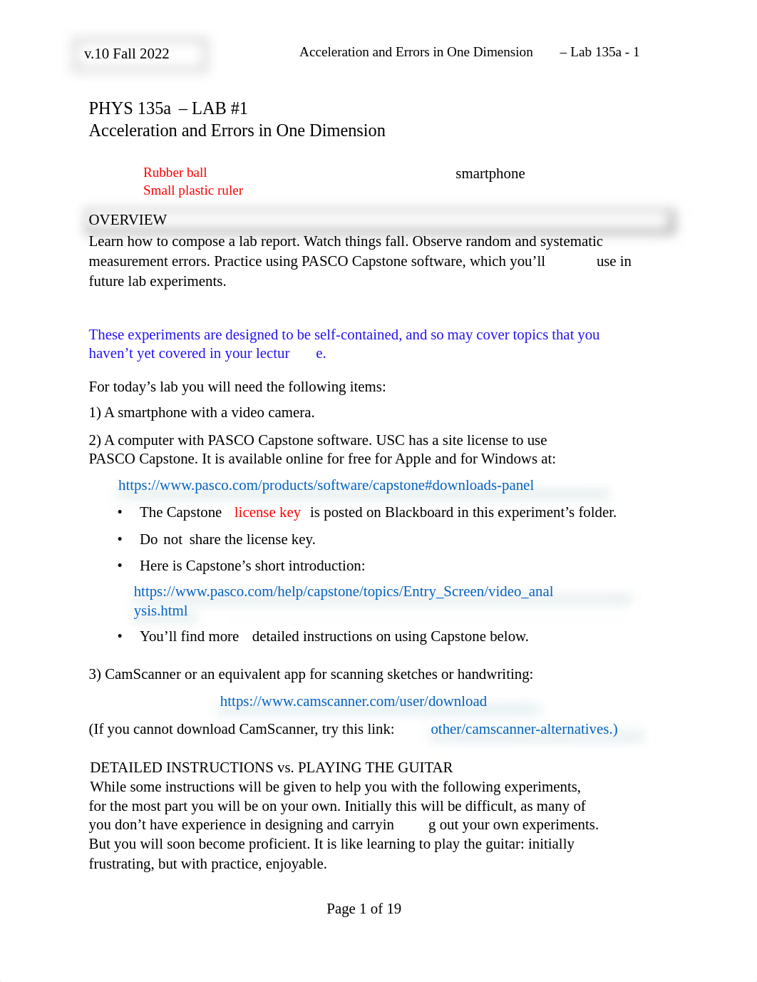 135a - Lab 1 - Acceleration and Errors in One Dimension - v10 Fall 2022 at USC.pdf_d8z8hx599cz_page1