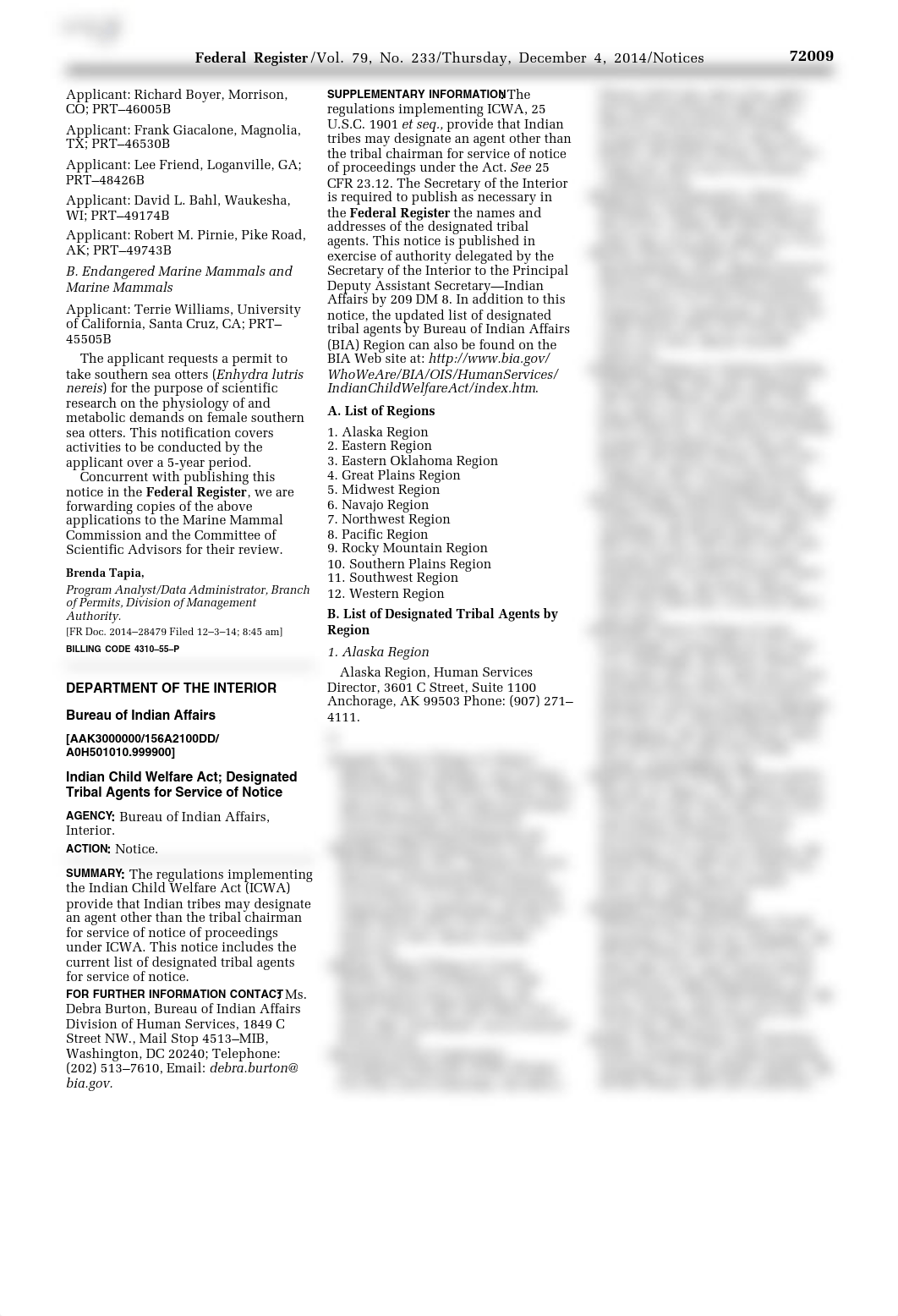 ICWA - Designated Tribal Agents for Services of Notice- Federal Register- Dec 4 2014 __[idc012540].p_d9133ut1me6_page1