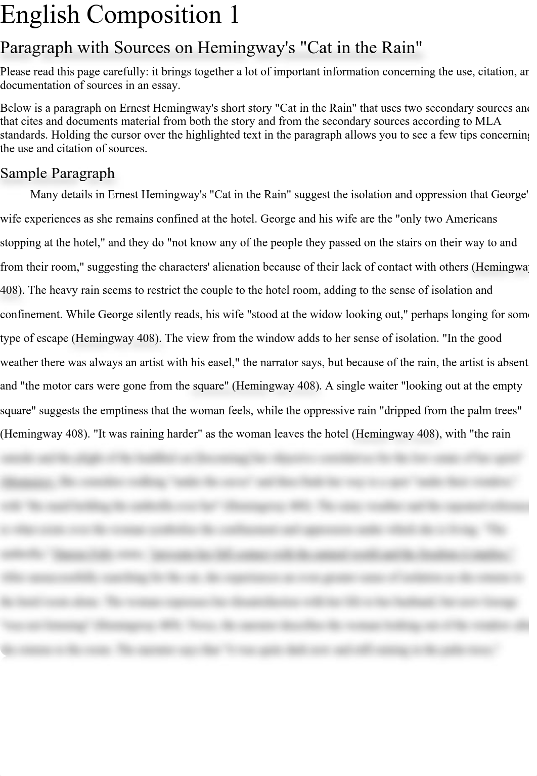 ENG 1001: Paragraph with Sources on Hemingway's "Cat in the Rain".pdf_d91ckdymhxv_page1