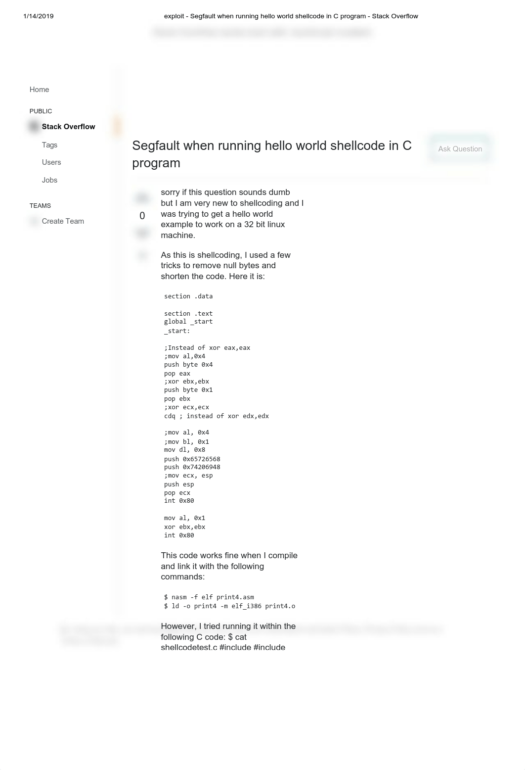 exploit - Segfault when running hello world shellcode in C program - Stack Overflow.pdf_d956z7wg9vu_page1