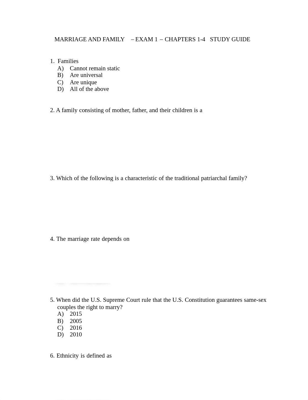 MARRIAGE AND FAMILY - Exam 1 - Student Study Guide.pdf_d95n487ywqv_page1