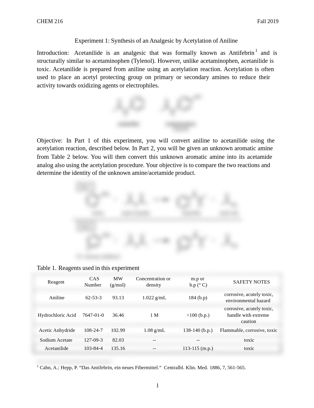 F19 CHEM 216 Exp 1_Acetylation of Aniline_Procedure.pdf_d97rsausq6m_page1