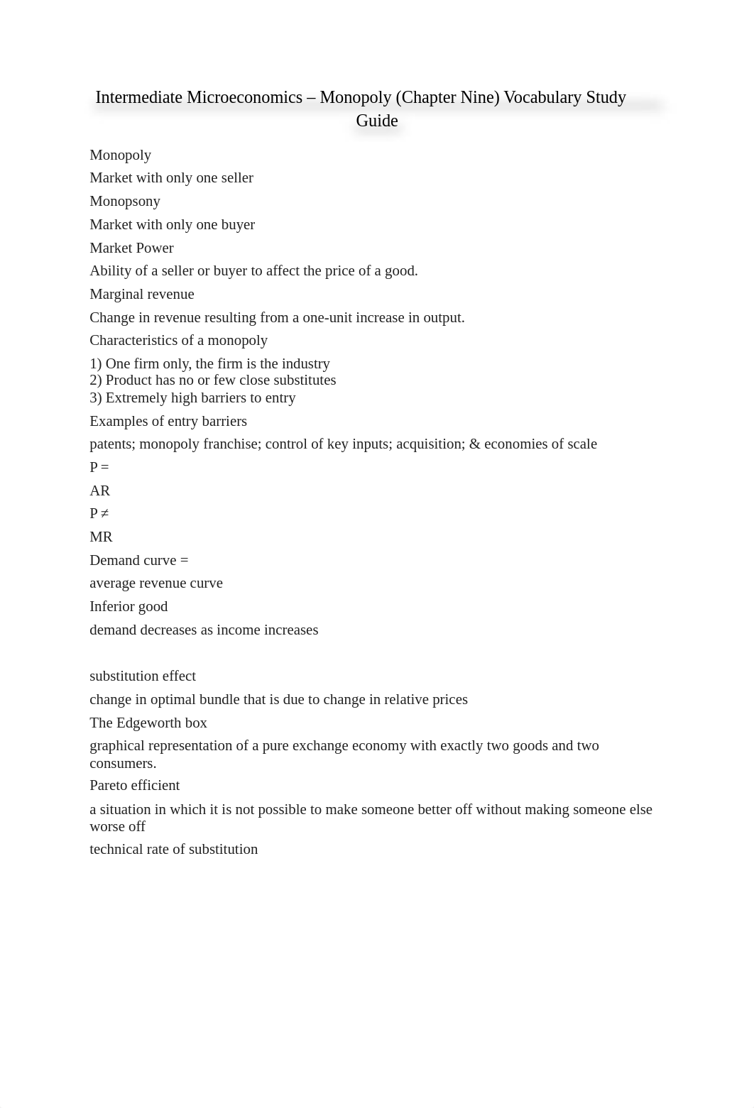 Intermediate Microeconomics - Monopoly (Chapter Nine) Vocabulary Study Guide_d9c28qw27o8_page1