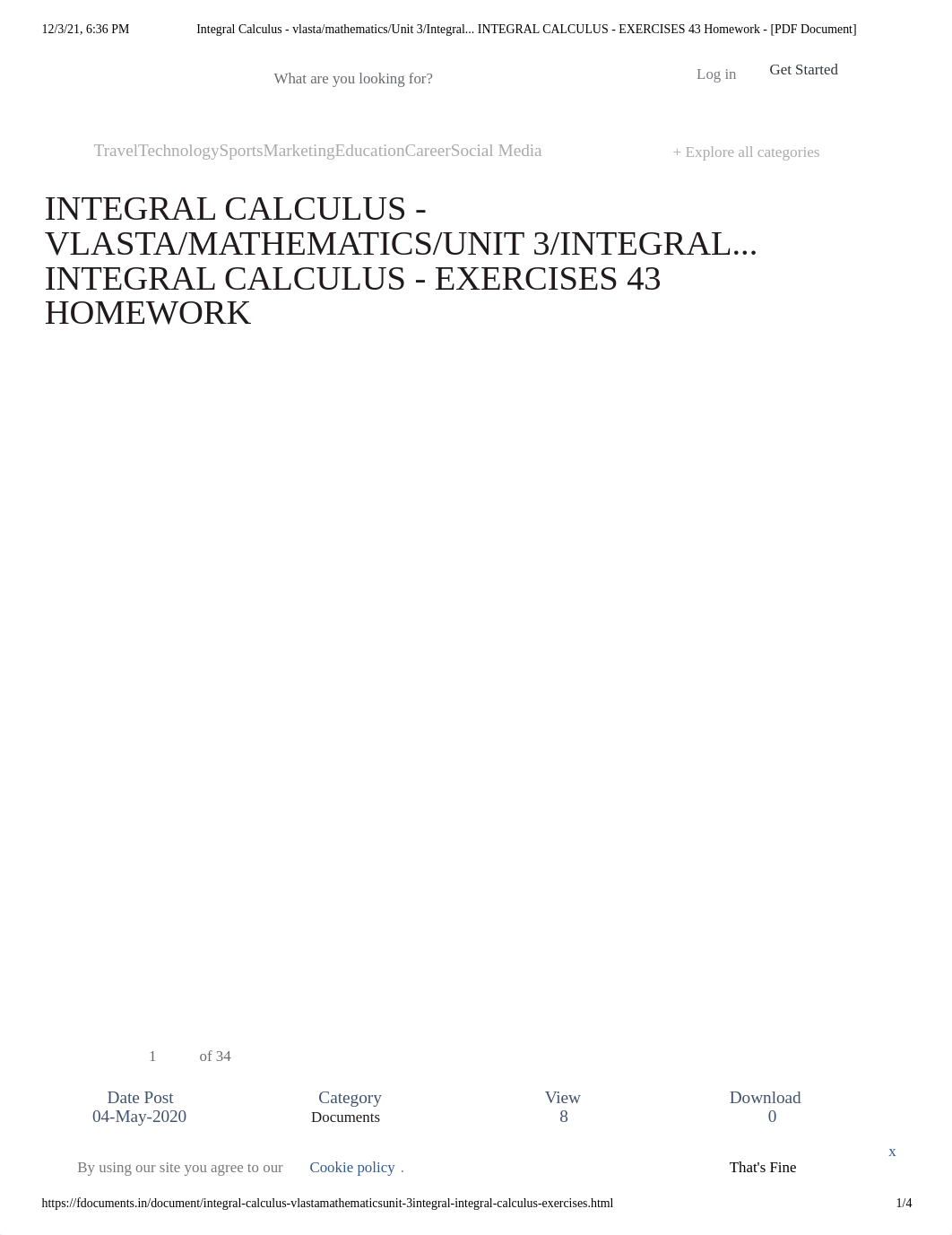 Integral Calculus - vlasta_mathematics_Unit 3_Integral... INTEGRAL CALCULUS - EXERCISES 43 Homework_d9dcj8zwyit_page1