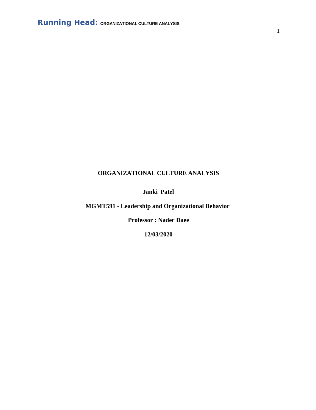 Week 6 ORGANIZATIONAL CULTURE ANALYSIS Janki Patel.docx_d9e98um0guy_page1