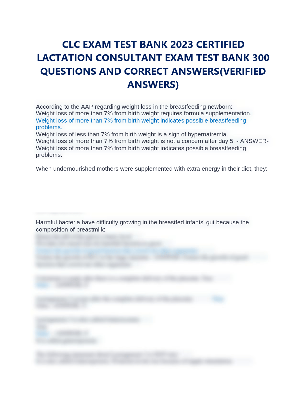 CLC EXAM TEST BANK 2023 CERTIFIED LACTATION CONSULTANT EXAM TEST BANK 300 QUESTIONS AND CORRECT ANSW_d9ezlmjd0ej_page1