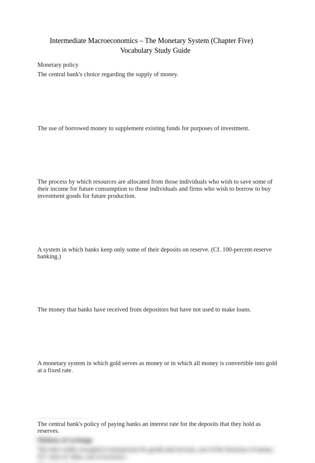 Intermediate Macroeconomics - The Monetary System (Chapter Five) Vocabulary Study Guide_d9fulv8i9ot_page1