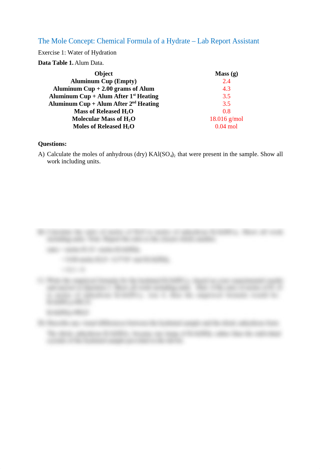 The Mole Concept: Chemical Formula of a Hydrate Lab Report_d9gd27vwkpj_page1