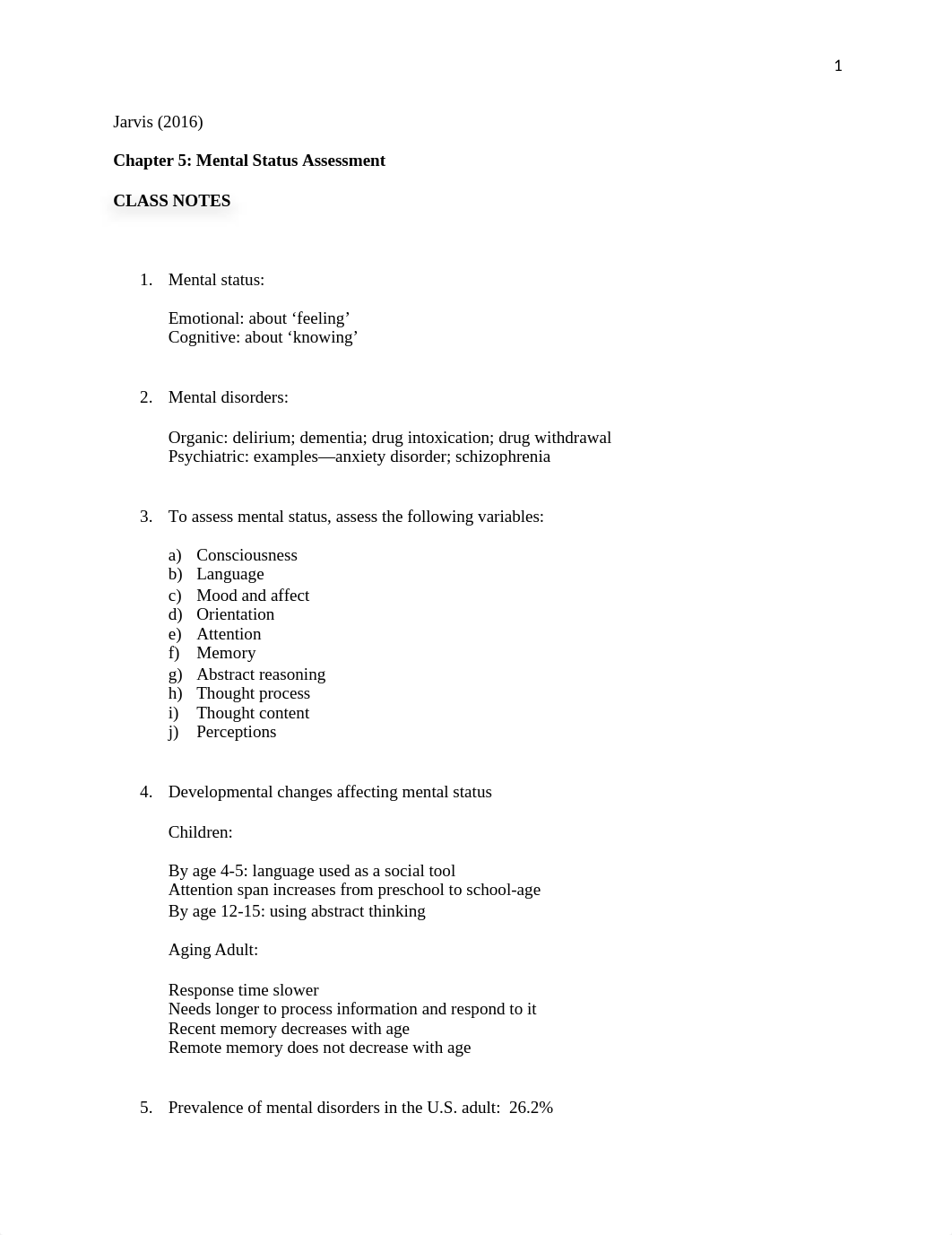 NUR 300 Class Notes Chapter 5 Mental Status Assessment_d9gp3hovwpc_page1