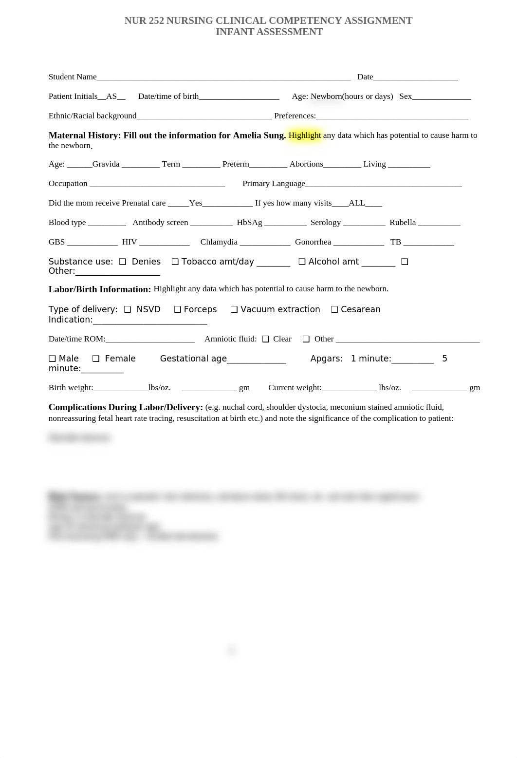 Infant Assessment NUR 252 - Clinical Competency Assignment High Risk Newborn.docx_d9gzsfkjy46_page1