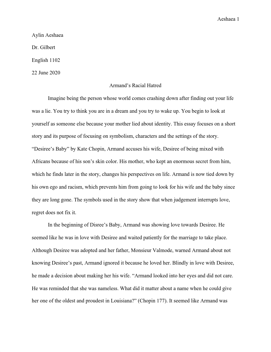 Aylin Aeshaea's Desirees Baby short analysis essay. .pdf_d9h74xevnjb_page1