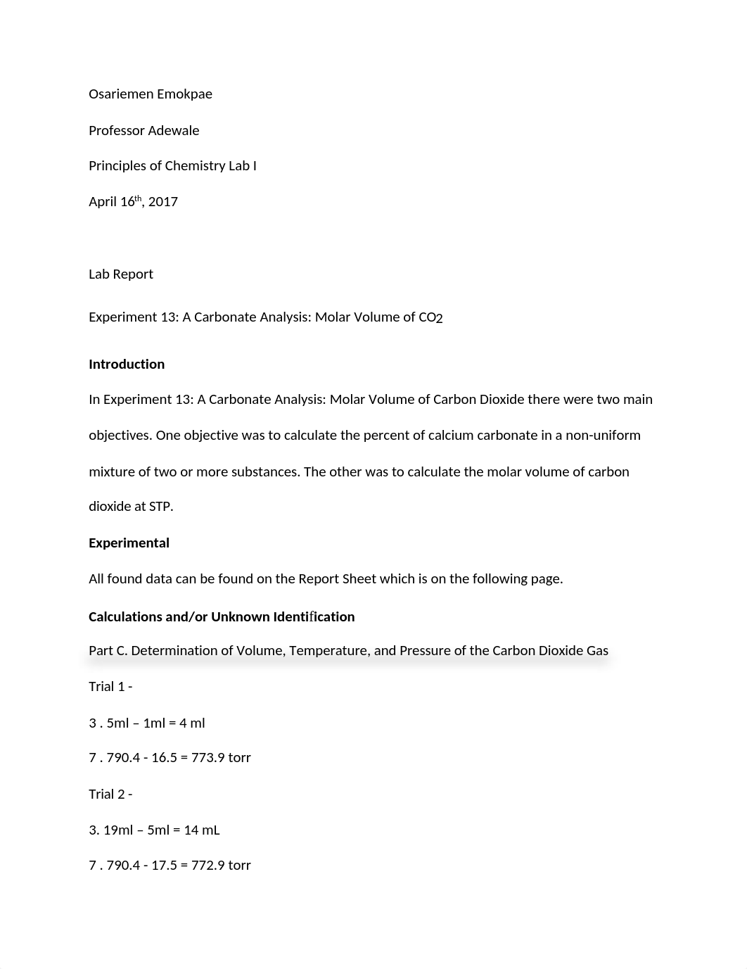 Experiment 13- A Carbonate Analysis- Molar Volume of CO2 .docx_d9nrsny7hau_page1