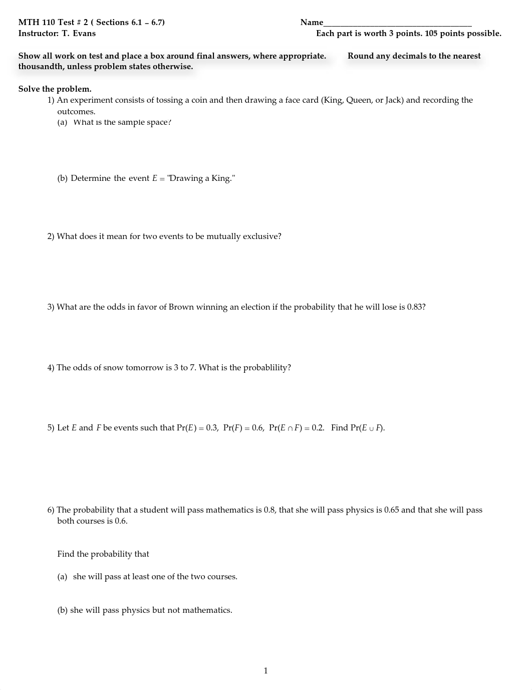 MTH 110 (6.1-6.7) blank copy practice test from Fall 2009 on Statistics and Probability_d9qzj0pa3i2_page1