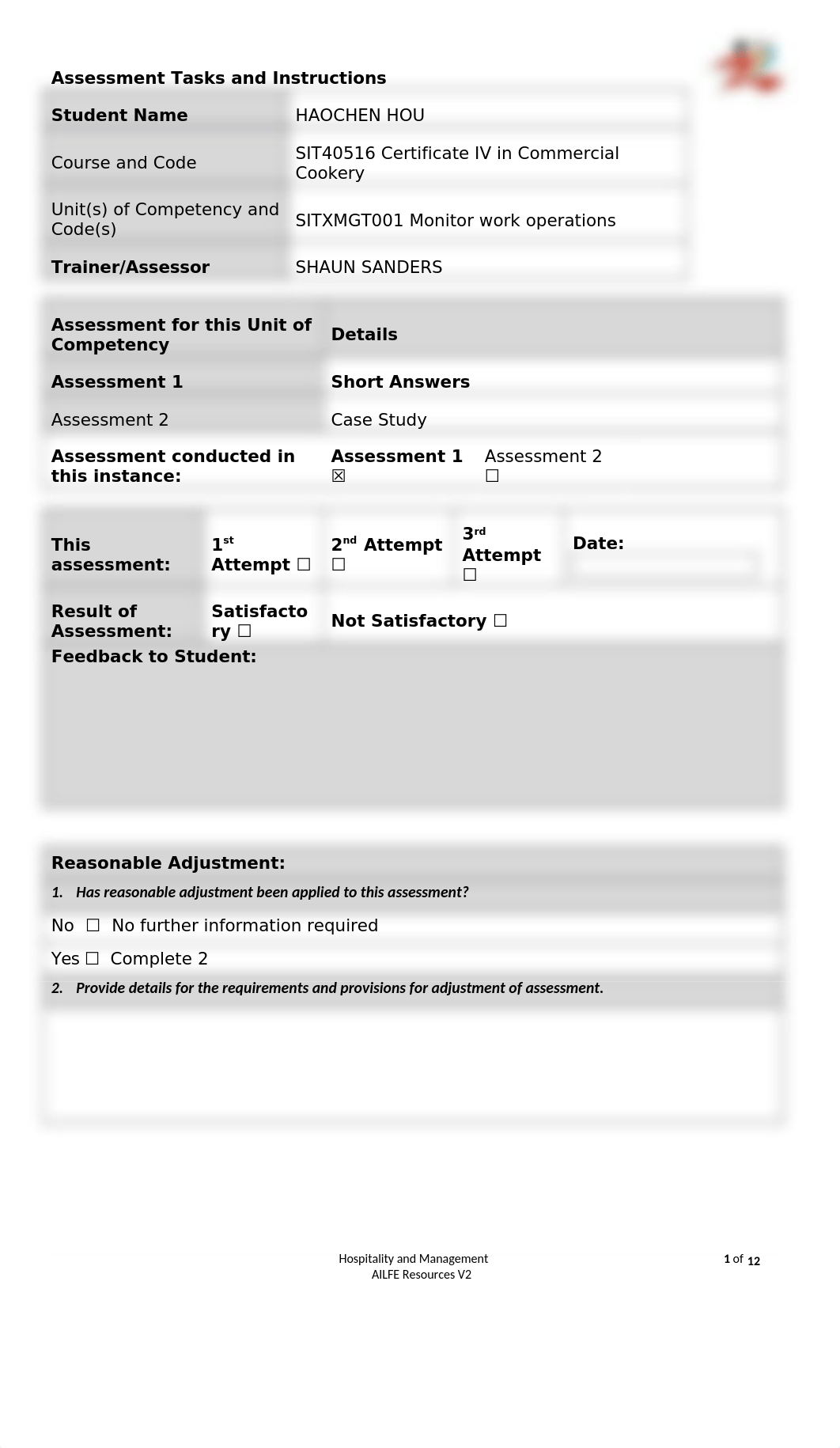 SITXMGT001 AT 1 Short Answers-HAOCHEN HOU- SHAUN SANDERS.docx_d9uoigijbhk_page1