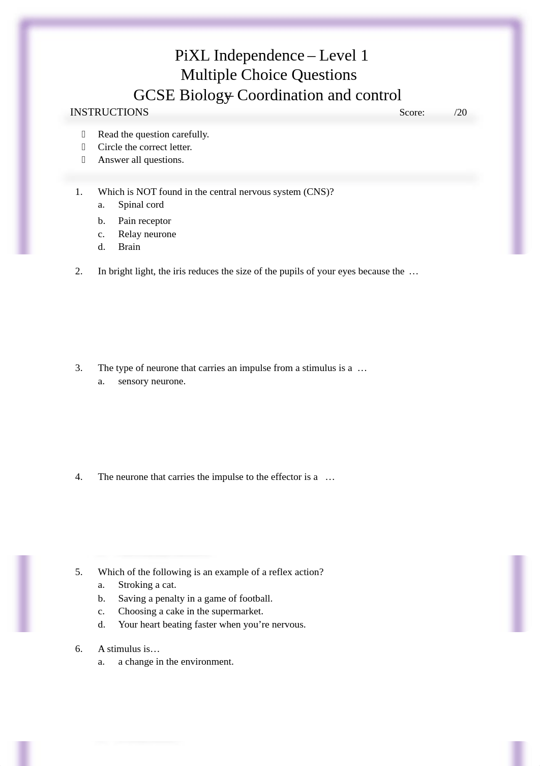 4. PiXL Independence KS4 GCSE Biology Coordination and control Booklet 1 .pdf_d9uq9kgwxya_page2