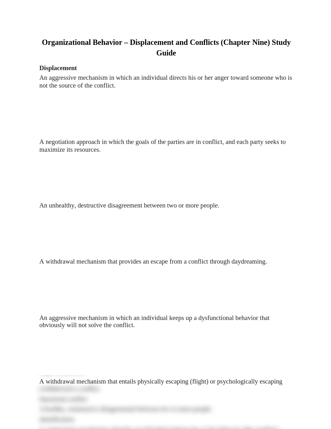 Organizational Behavior - Displacement and Conflicts (Chapter Nine) Study Guide_d9veiny7va4_page1