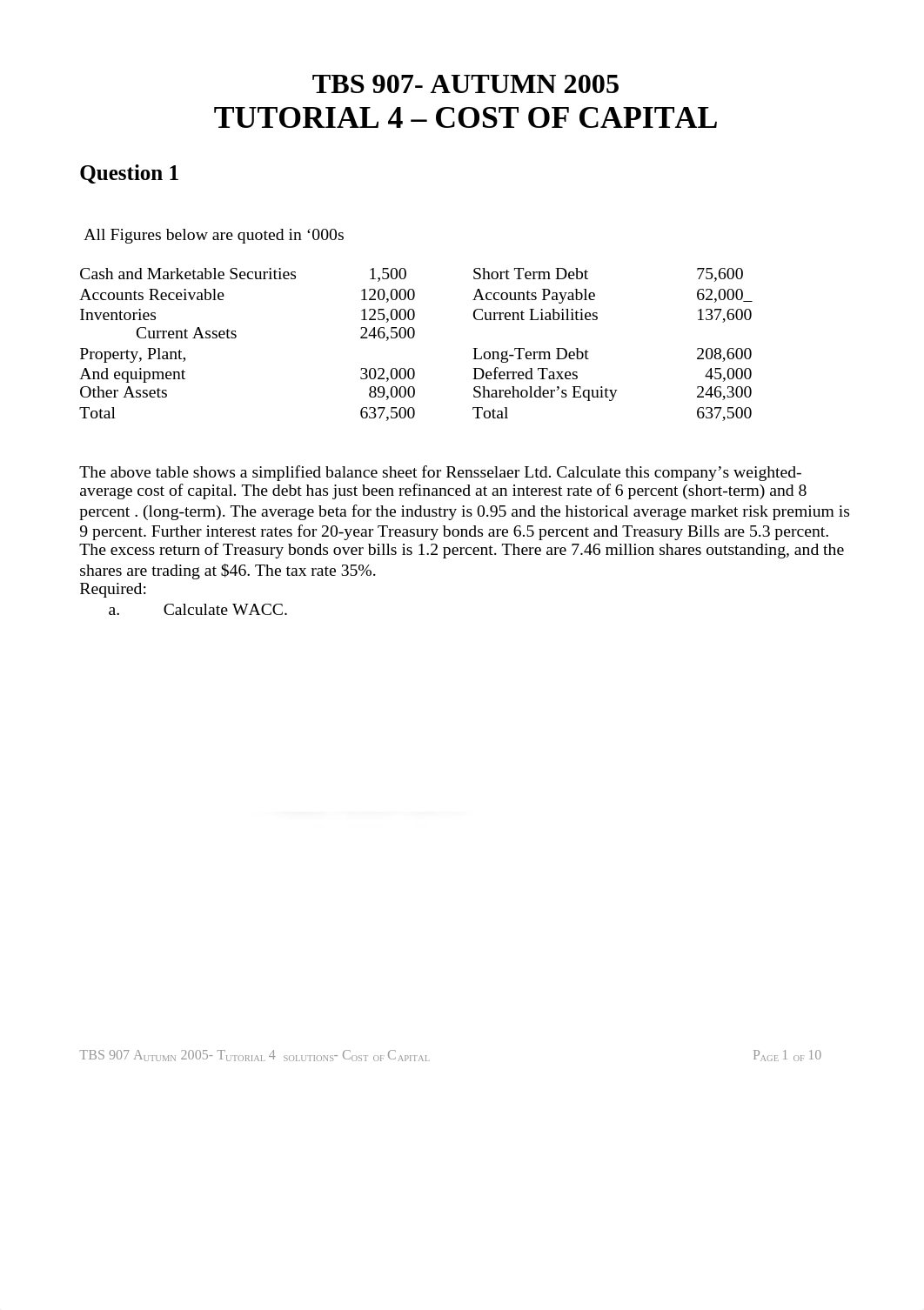 Autumn 2005 -Questions for TBS 907 Tutorial 4- Cost of Capital- Solutions_d9wrud2pcyq_page1