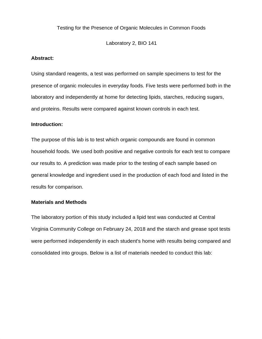 Testing for the Presence of Organic Molecules in Common Foods - Lab Report 2.docx_d9x1zn7rgh5_page1