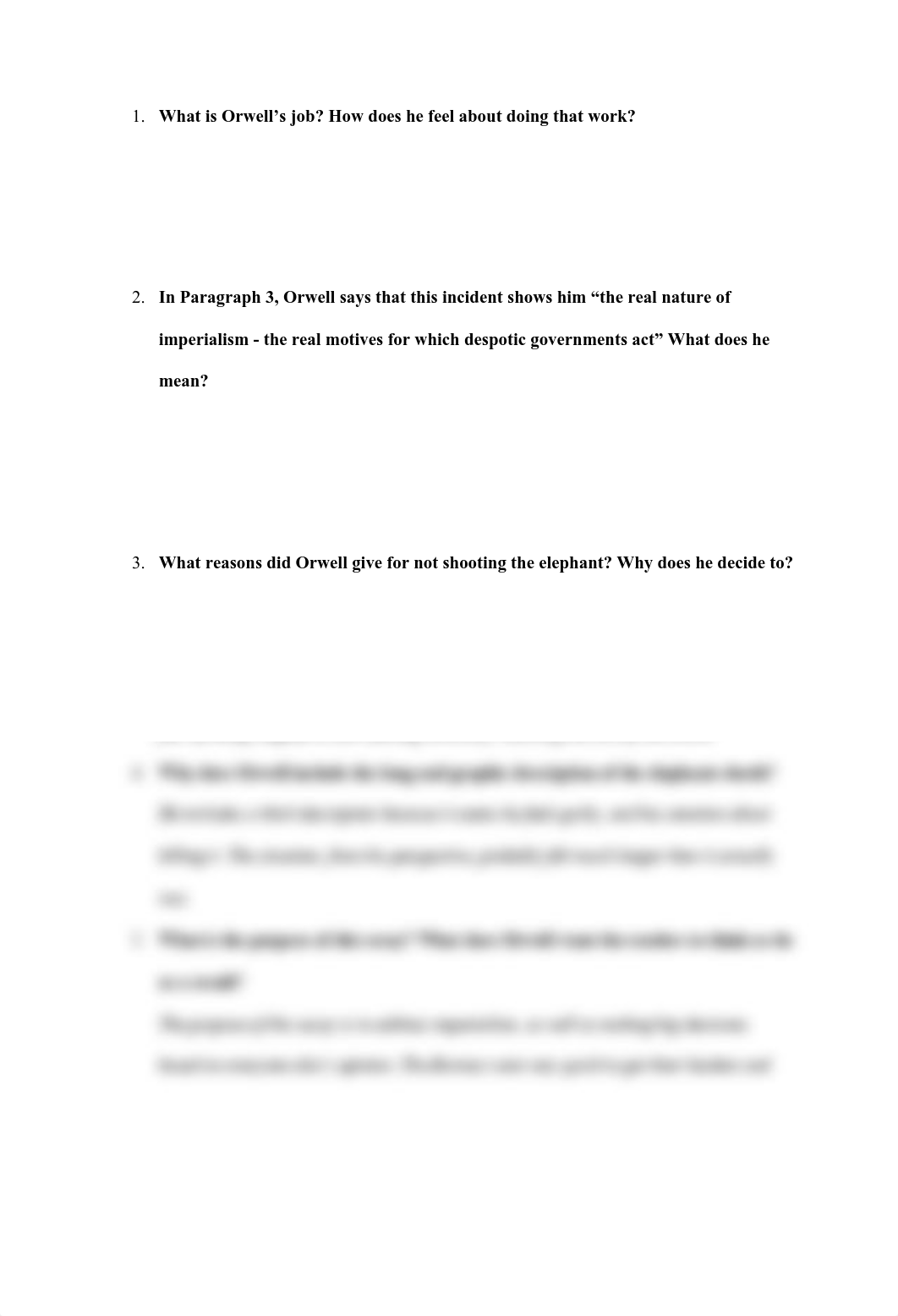 "Shooting an Elephant" George Orwell Reading Questions.pdf_d9yunjw76nv_page1