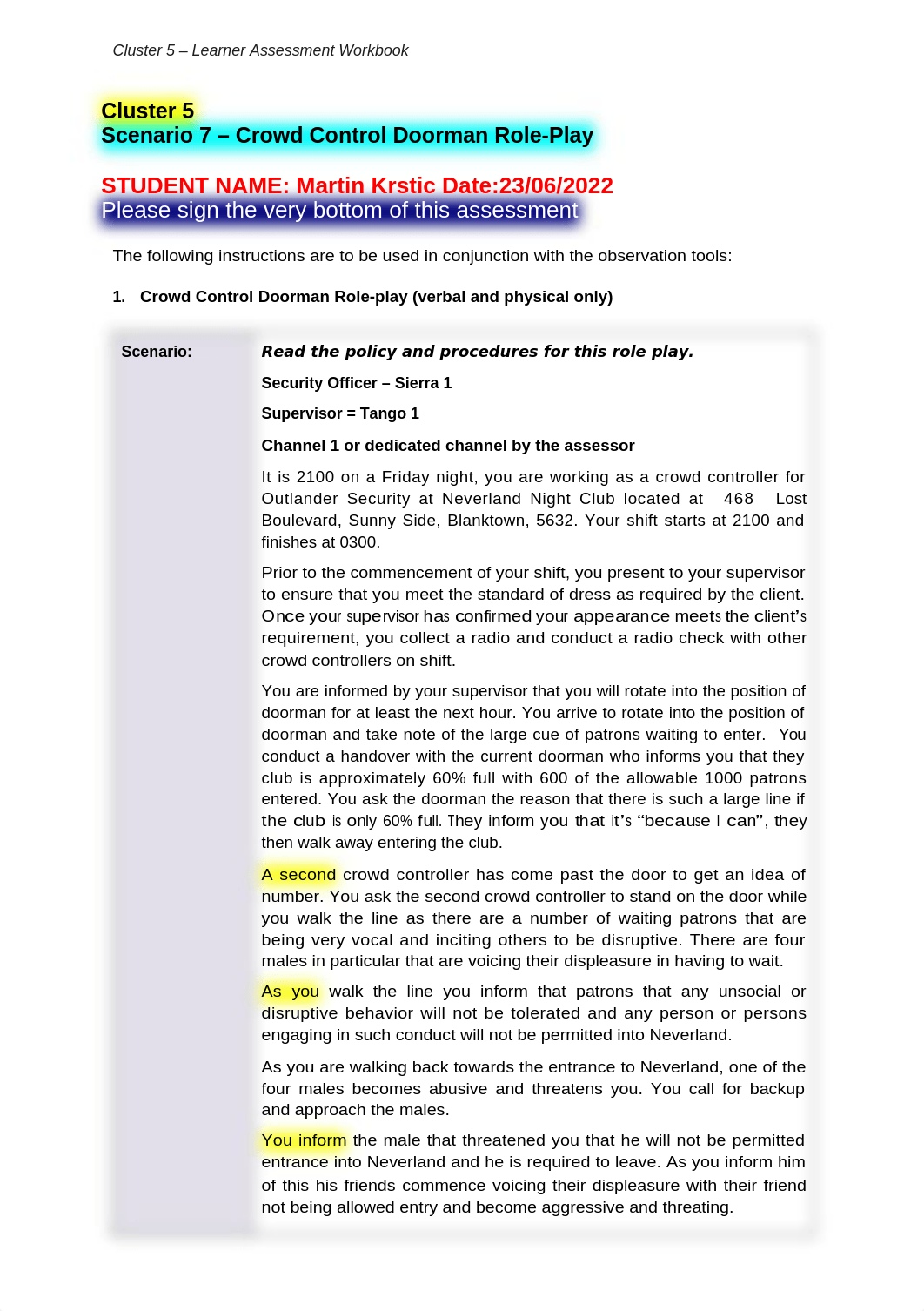 Cluster 5 - Scenario 7 Assessment - Crowd Control Doorman Role-Play Martin Krstic.docx_da10yqkrw4p_page1