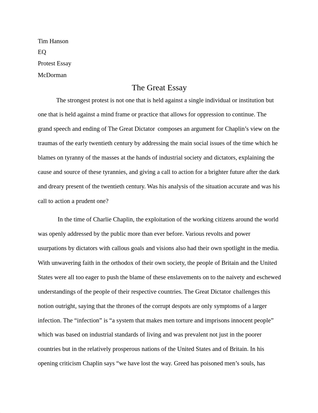 Protest Essay with Charlie Chaplin's The Great Dictator_da2ajmssnty_page1