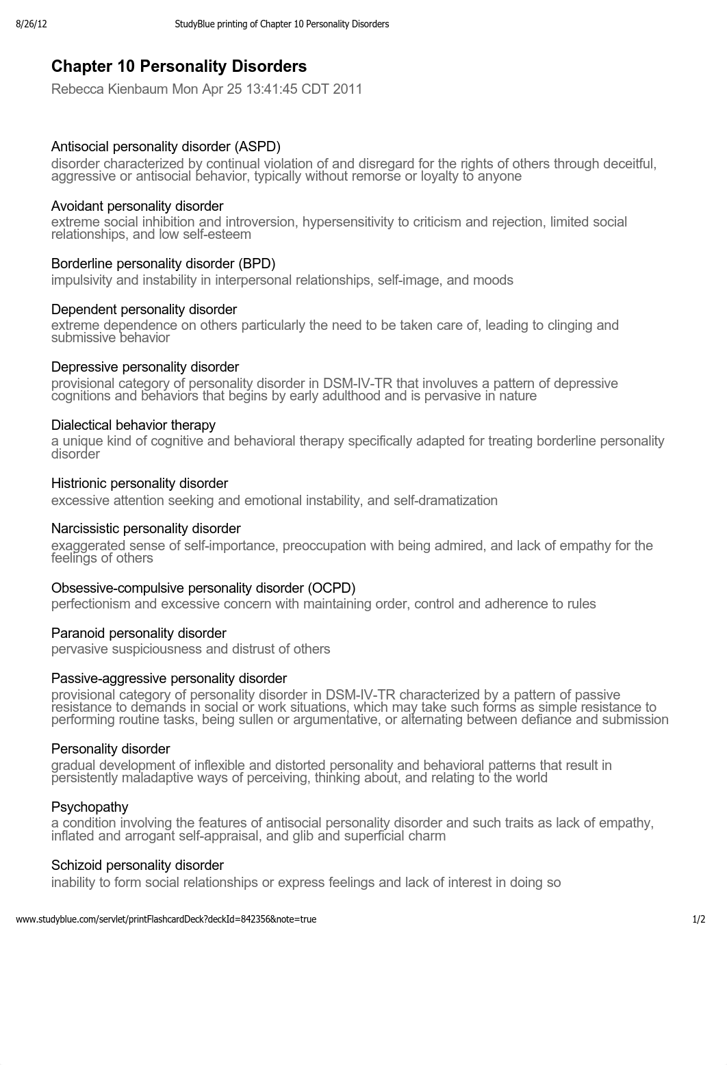 StudyBlue printing of Chapter 10 Personality Disorders_da3a1ukqef7_page1