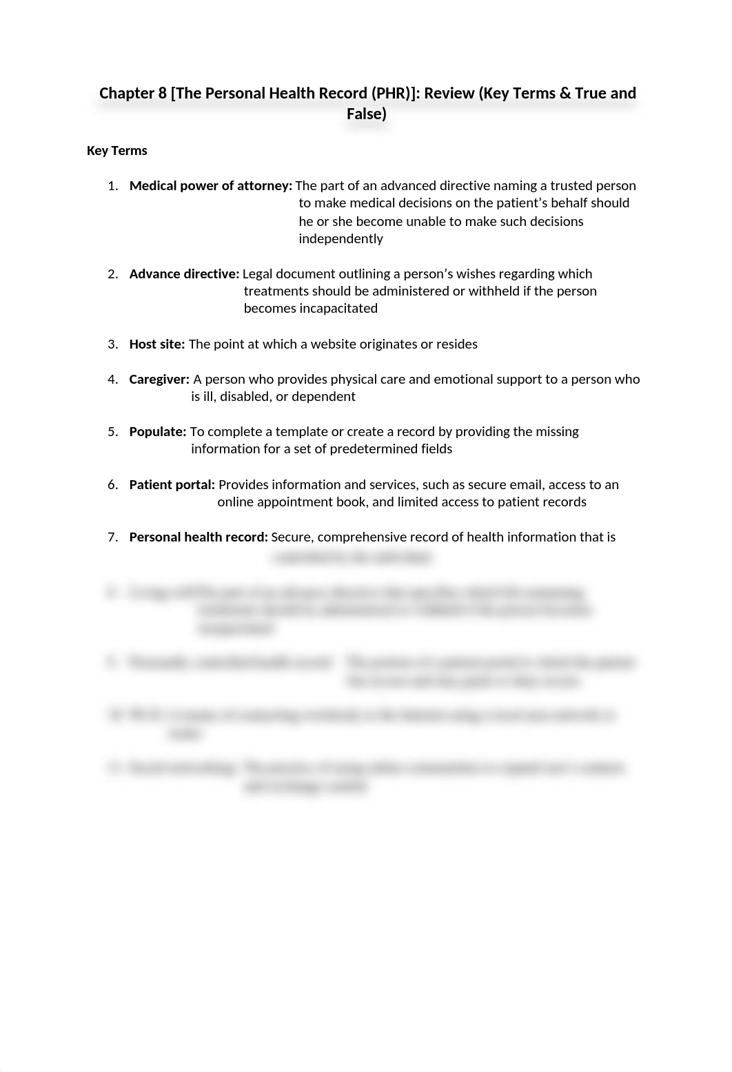 Chapter 8 [The Personal Health Record (PHR)]- Review (Key Terms & True and False).docx_da4l82j14bm_page1