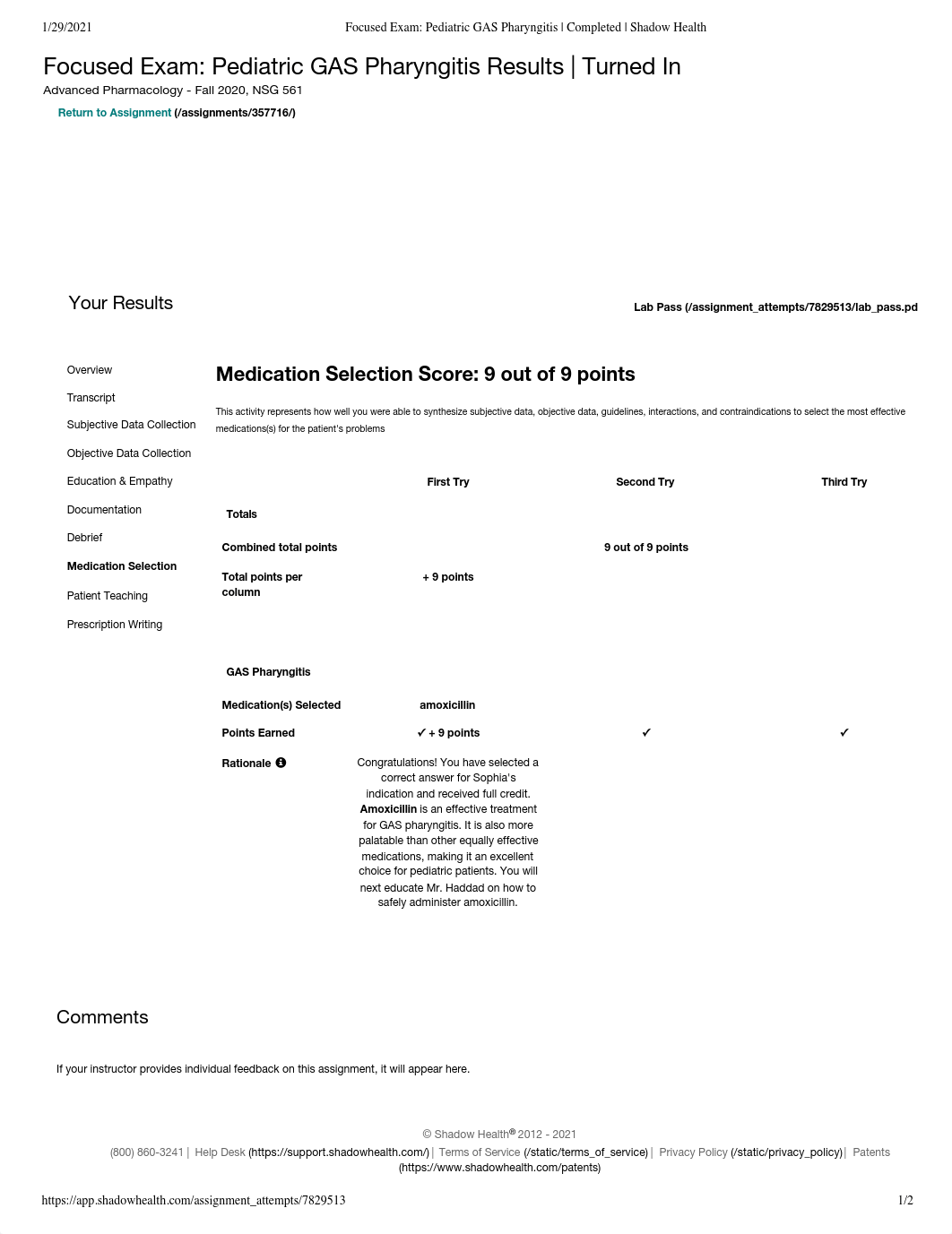 Sophia Haddad Medication Selection Focused Exam_ Pediatric GAS Pharyngitis _ Completed _ Shadow Heal_da5wynunou3_page1