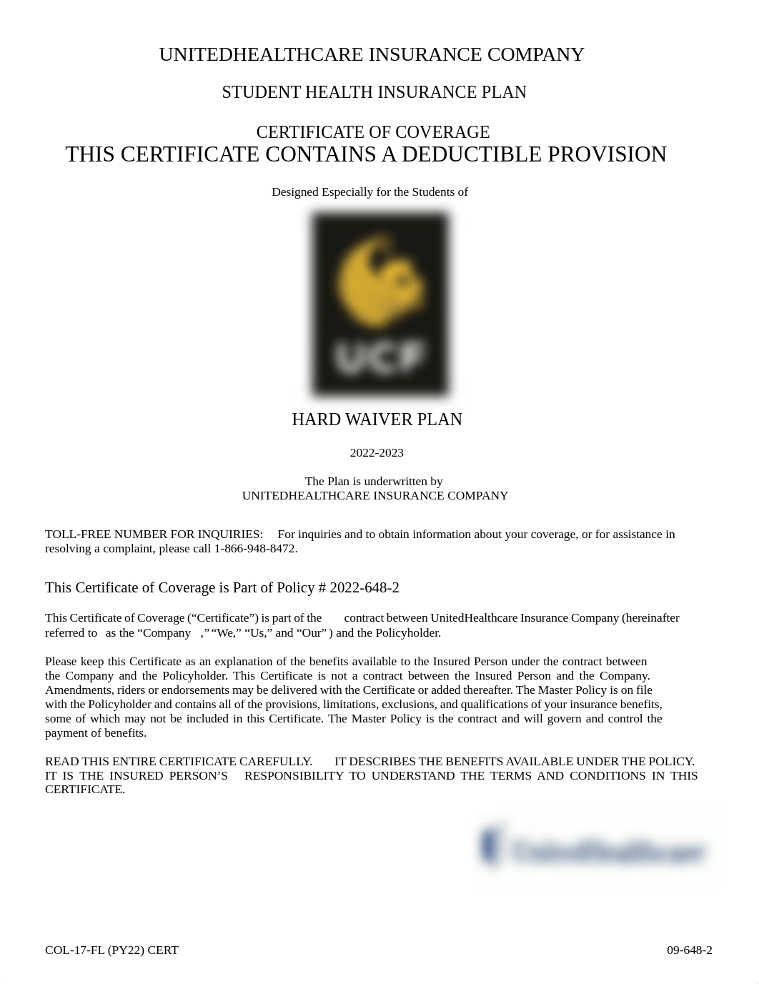 20222023 UCF Student Health Insurance Plan Certificate  Hard Waiver Program.pdf_da7fskeza4z_page1