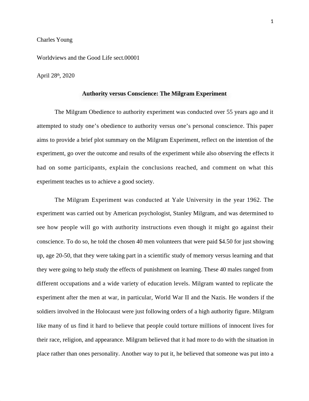 Worldviews and the good life essay 3-the milgram obedience to authority experiment.docx_da9e6a0zlsn_page1