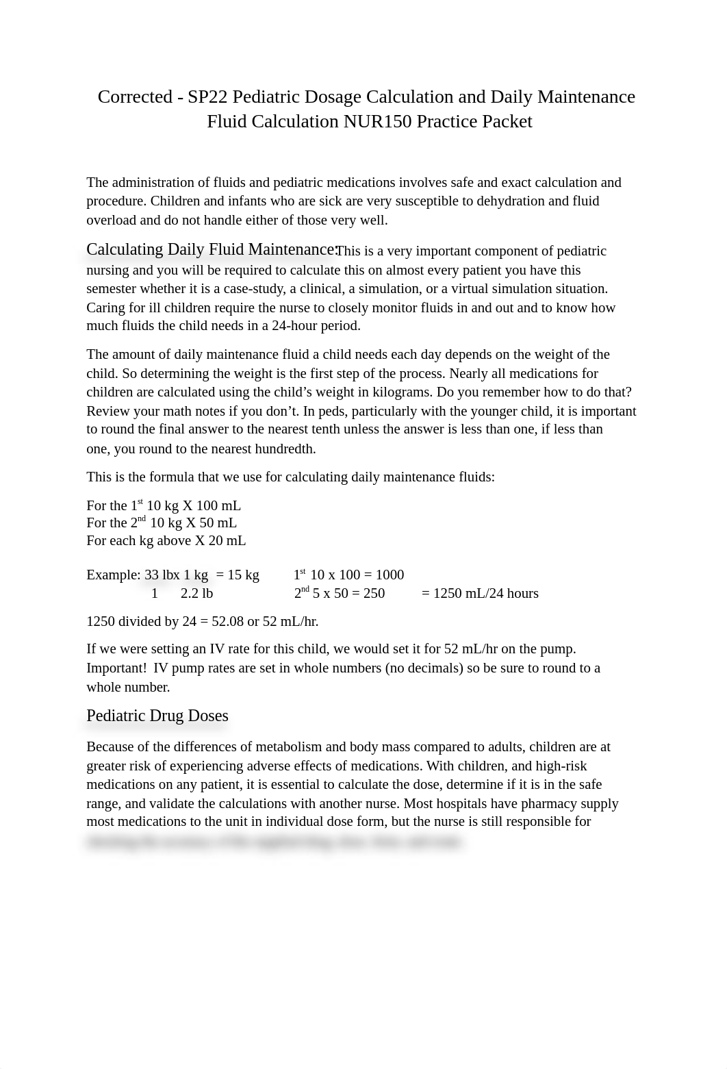 Corrected SP22 Pediatric Dosage Calculation and Daily Maintenance Fluid Calculation Practice Packet1_da9hxhe0dfl_page1