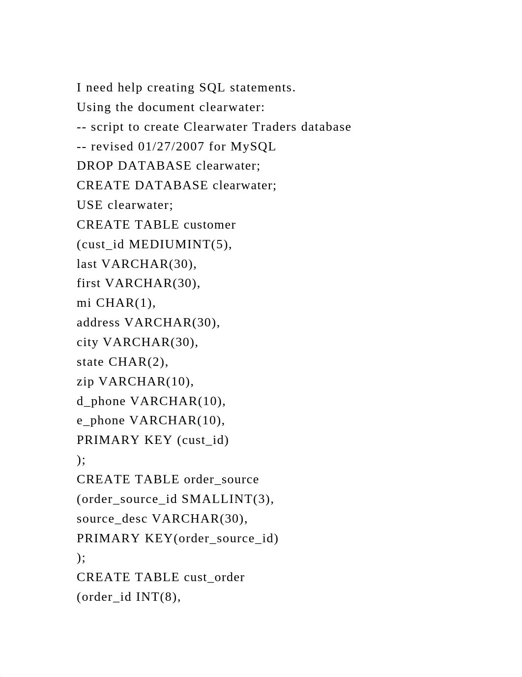 I need help creating SQL statements.Using the document clearwater.docx_dad2f445e9p_page2