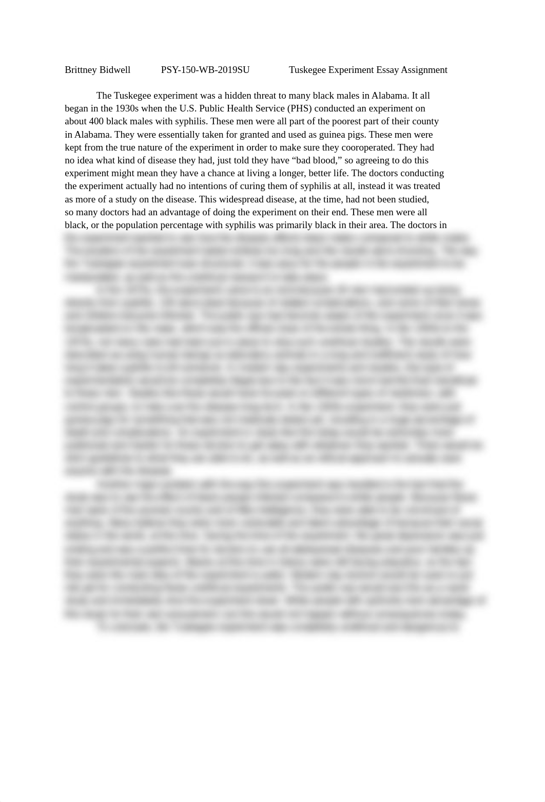 Brittney Bidwell, %09PSY-150-WB-2019SU, Tuskegee Experiment Essay.docx_daecgx596qu_page1