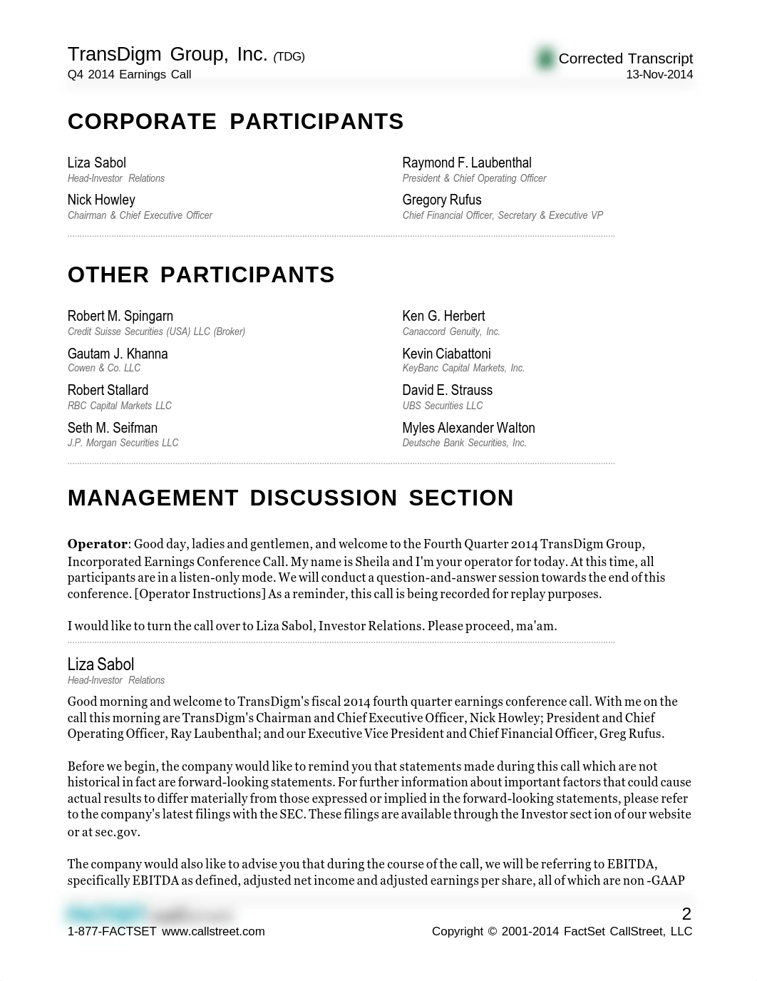 CORRECTED TRANSCRIPT TransDigm Group Inc.TDGUS Q4 2014 Earnings Call 13November2014 11_dak95yulj3n_page2