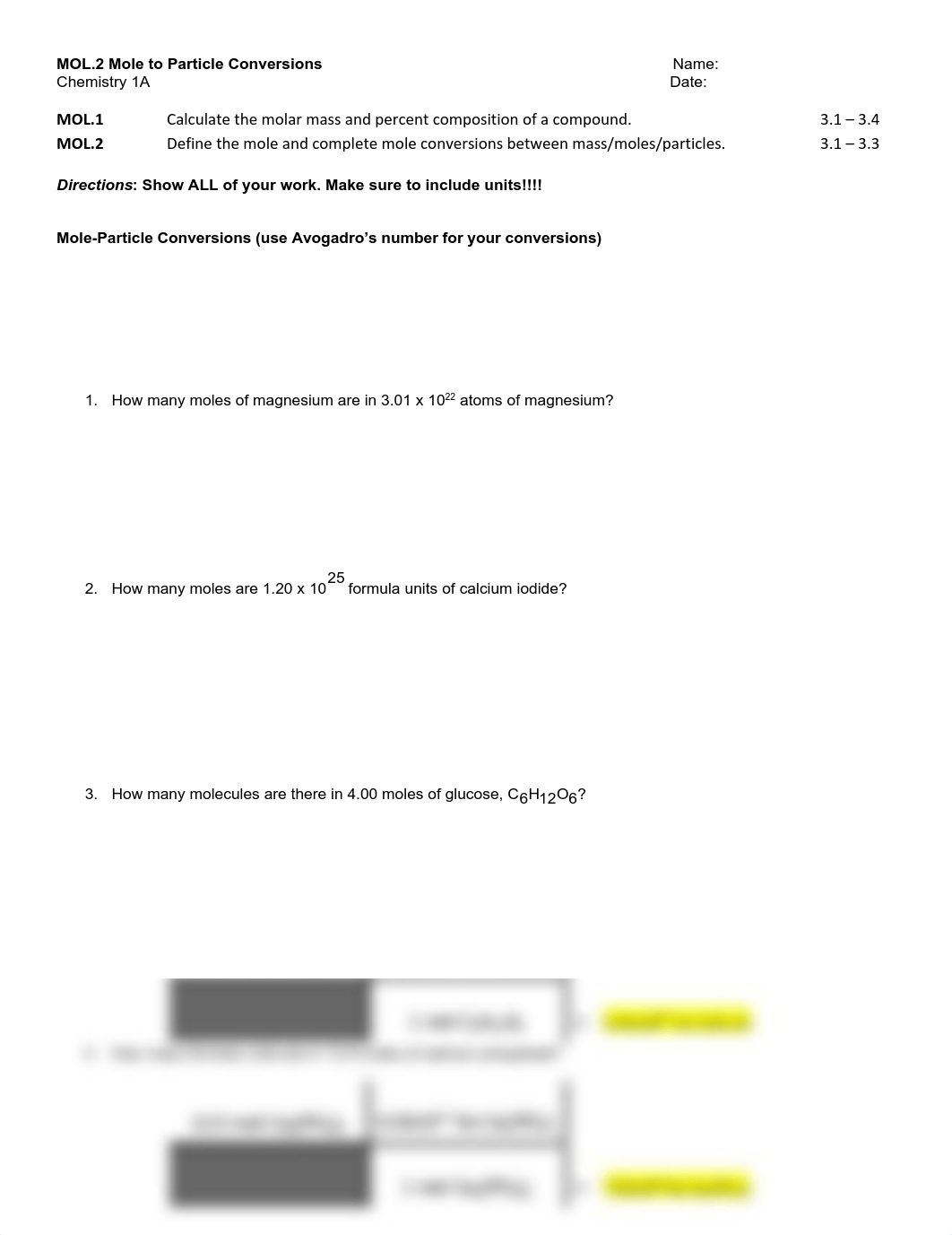 AnswerKey Chem 1 - MOL.2 - Worksheet - Mole to Particle Conversions .pdf_dakgd02zv9v_page1