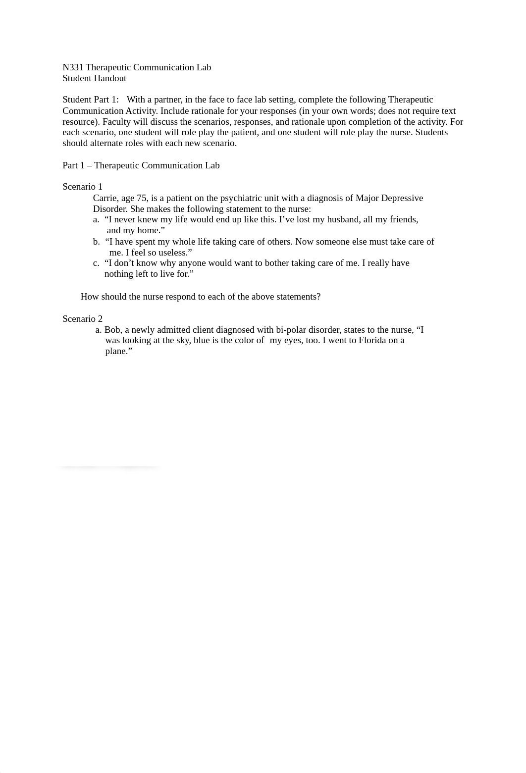 N331 Mental Health Laboratory_Therapeutic Communication Lab_Student handout_SP2020.docx_daktdefxihw_page1