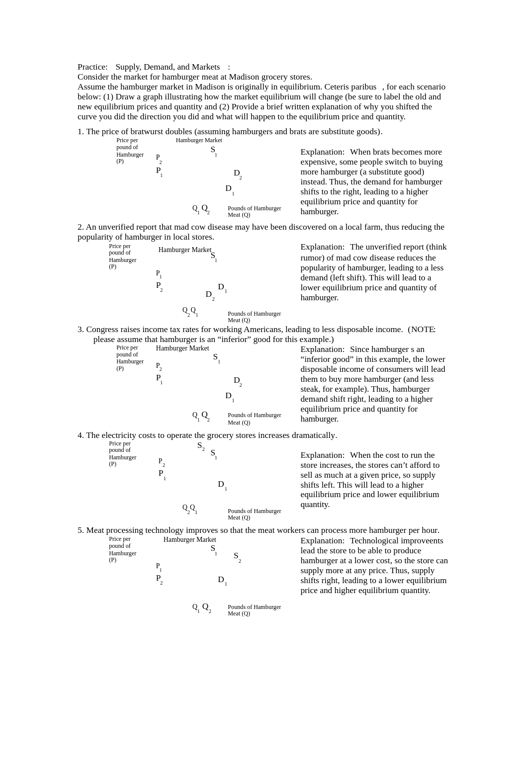 Chapter 5 --  Practice Questions -- Marke Equilibrium Changes -- SHIFTING Demand & Supply _hamburger_danuo3plwpp_page1