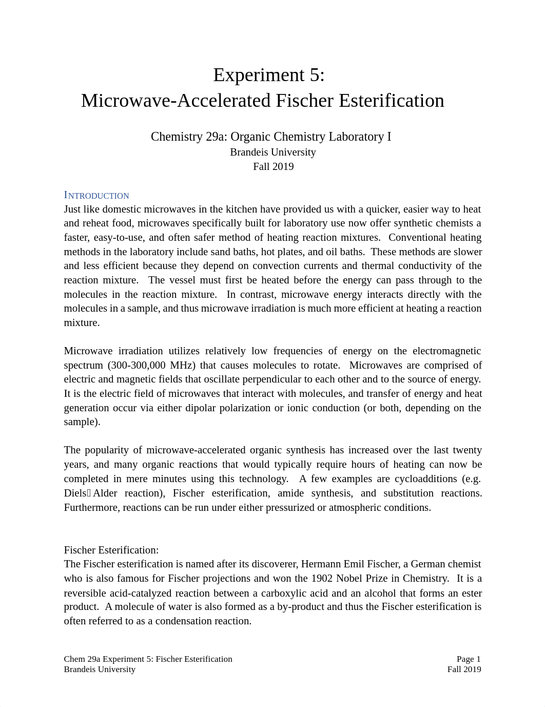 FA19 Chem 29A Experiment 5 Microwave Fischer esterification.pdf_daog9xki6k6_page1