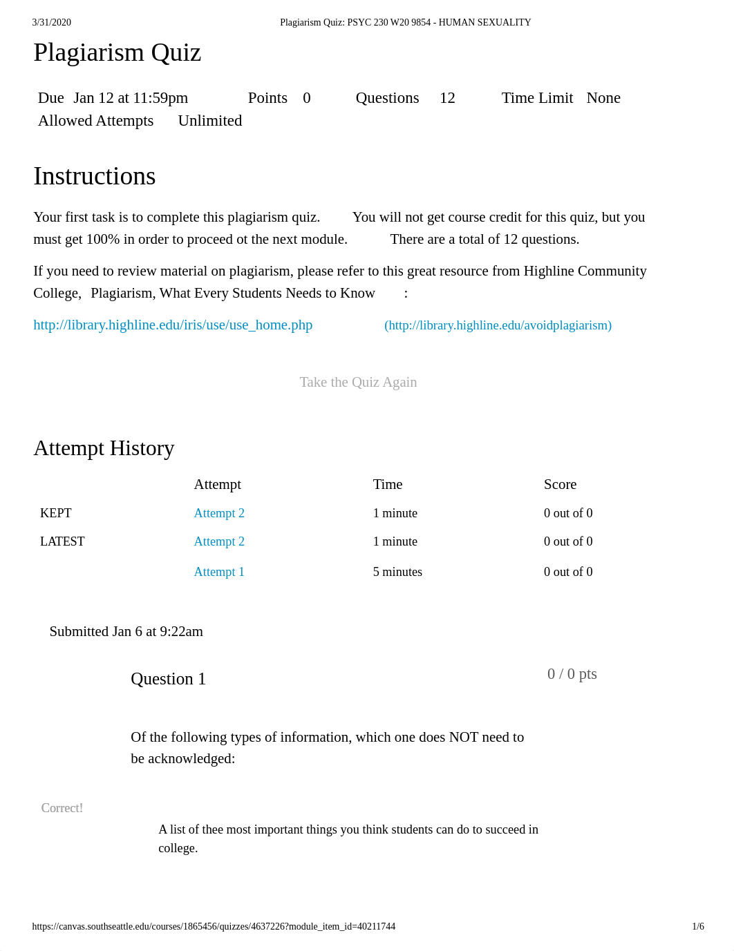 Plagiarism Quiz_ PSYC 230 W20 9854 - HUMAN SEXUALITY.pdf_daonmn5cd2a_page1