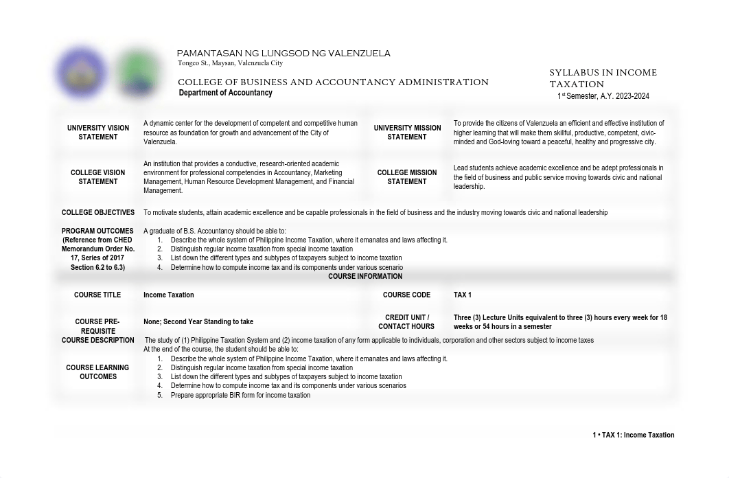 TAX 1 - Income Taxation Syllabus - Updated 28.08.2023 - with plot.pdf_dapq6oc39tc_page1