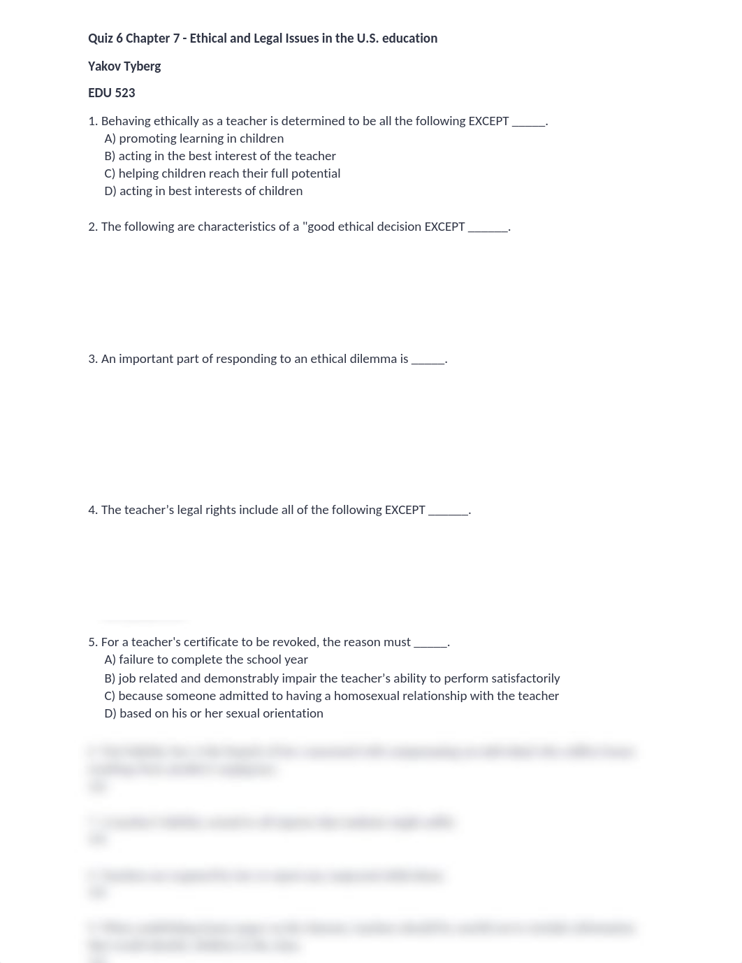 EDU 523 Quiz 6 Chapter 7 - Ethical and Legal Issues in the U.S. education  - Yakov Tyberg.docx_daqs2h0kblr_page1