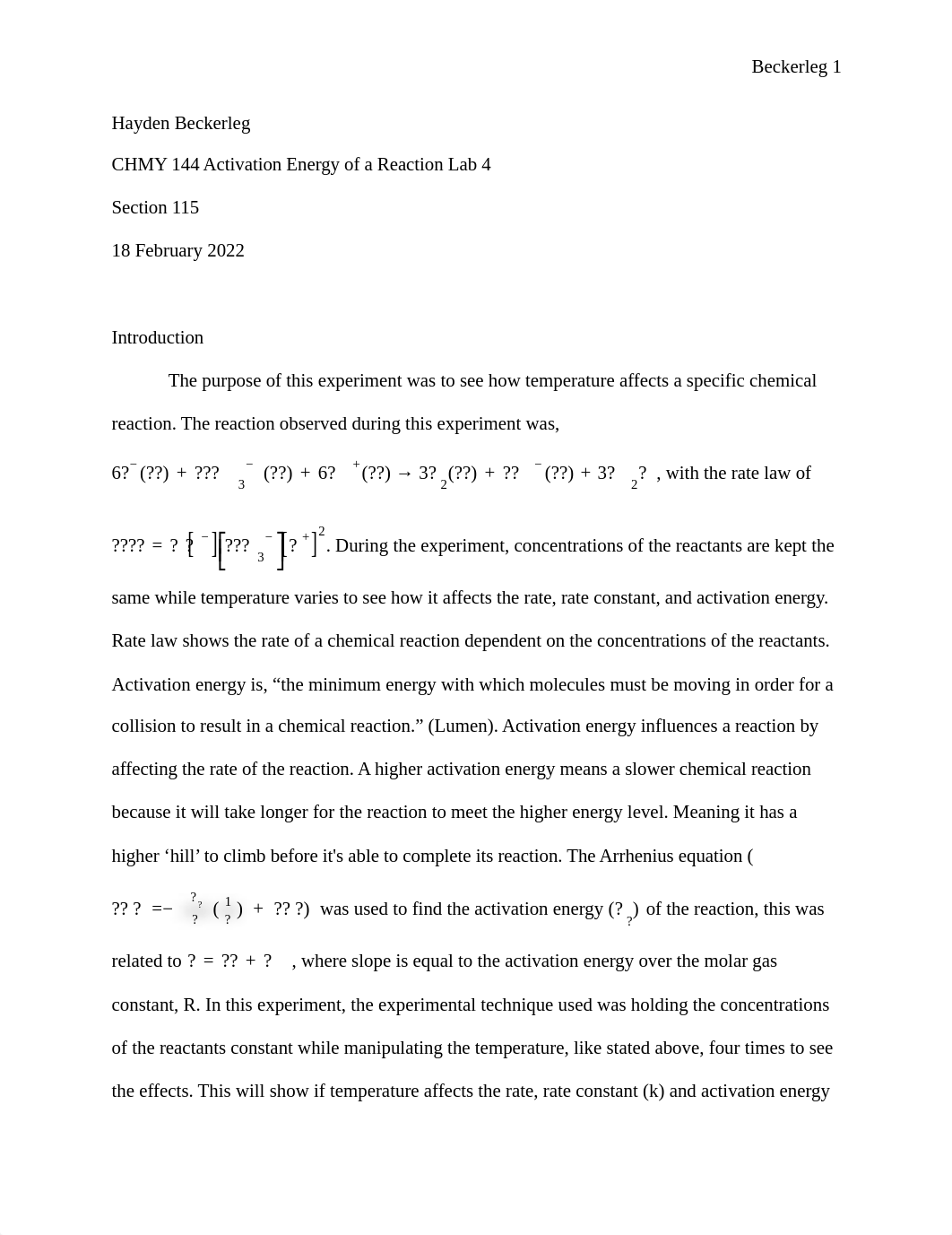 CHMY144 Activation Energy of a Reaction Lab Report.pdf_dascw4pmvvu_page1