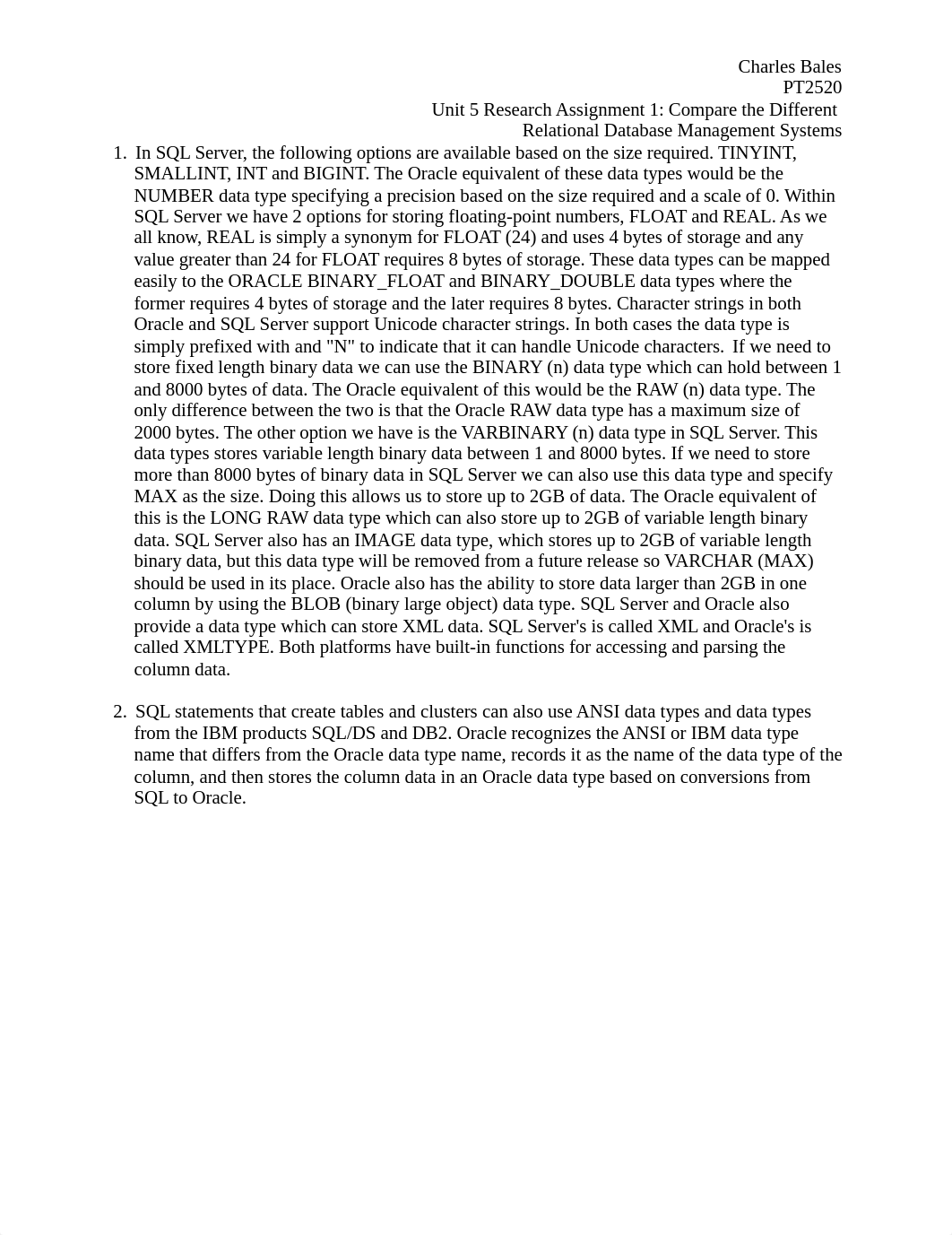 Unit 5 Research Assignment 1-Compare the Different Relational Database Management Systems_db22t30a19j_page1