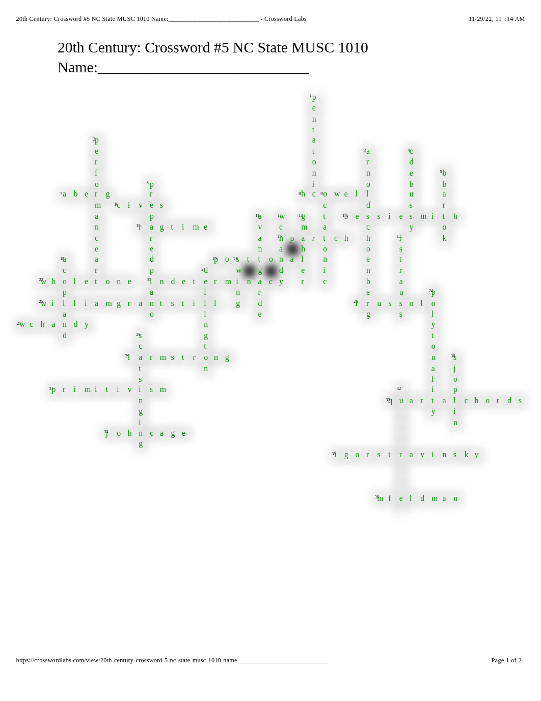 20th Century: Crossword #5 NC State MUSC 1010 Name:____________________________ - Crossword Labs.pdf_db2fsdf7ero_page1