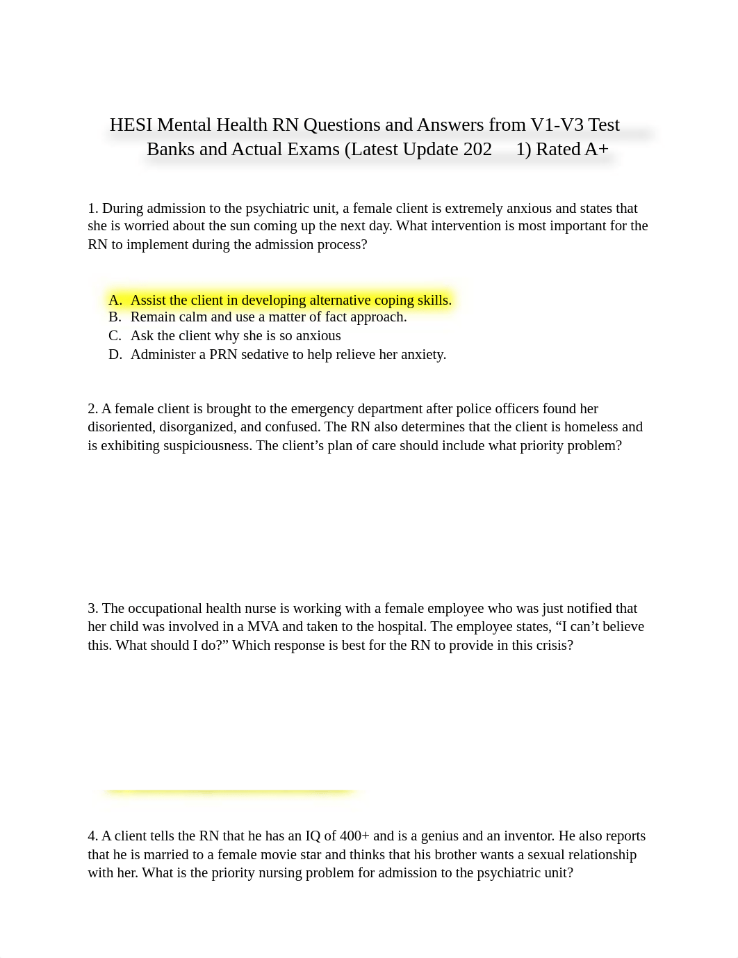 HESI Mental Health RN Questions and Answers from V1-V3 Test  Banks and Actual Exams (Latest Update 2_db45lki5put_page1